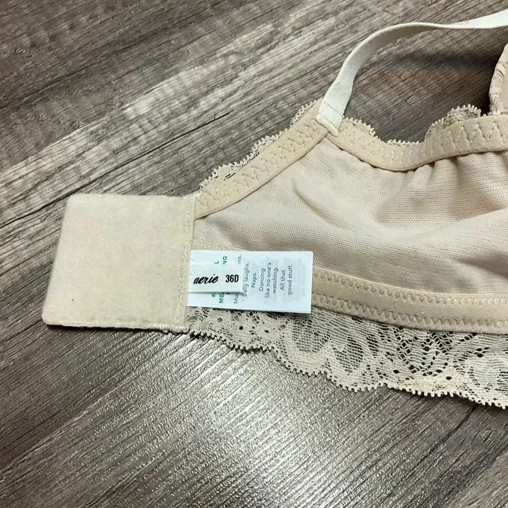AERIE REAL HAPPY WIRELESS LIGHTLY LINED LACE BRA SIZE 36D IN NUDE NWT - Picture 4 of 4
